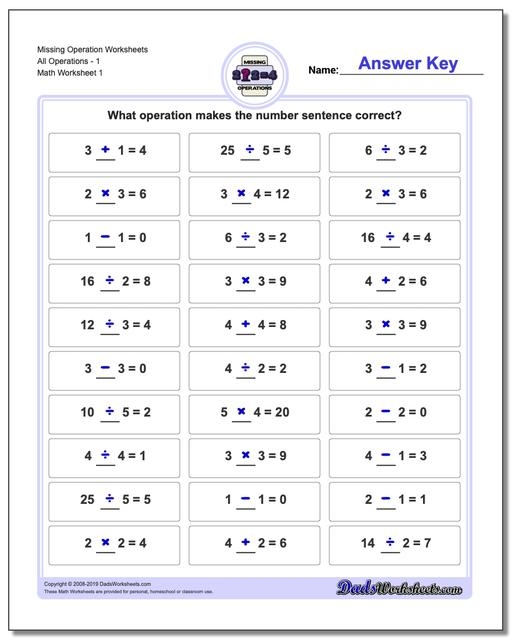 Fifth grade math worksheet with equations missing operation signs for balancing