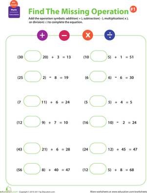 Fifth grade worksheet for finding missing operations in equations with addition, subtraction, multiplication, and division