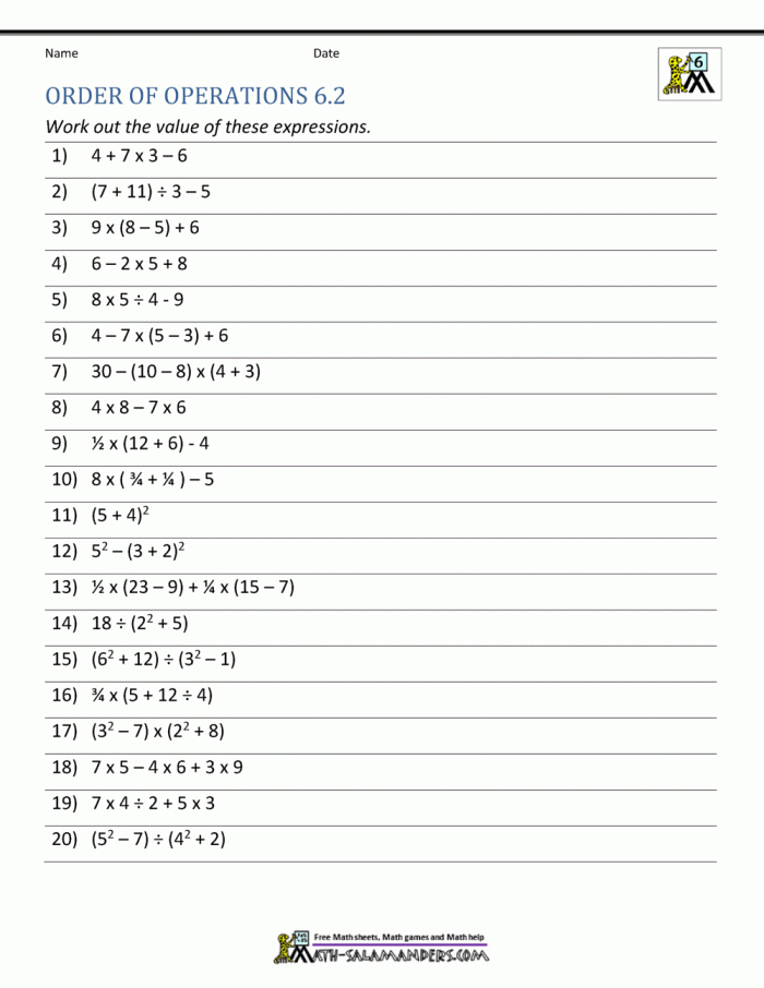 Fifth Grade math worksheet showing equations where students insert missing operation symbols to balance both sides