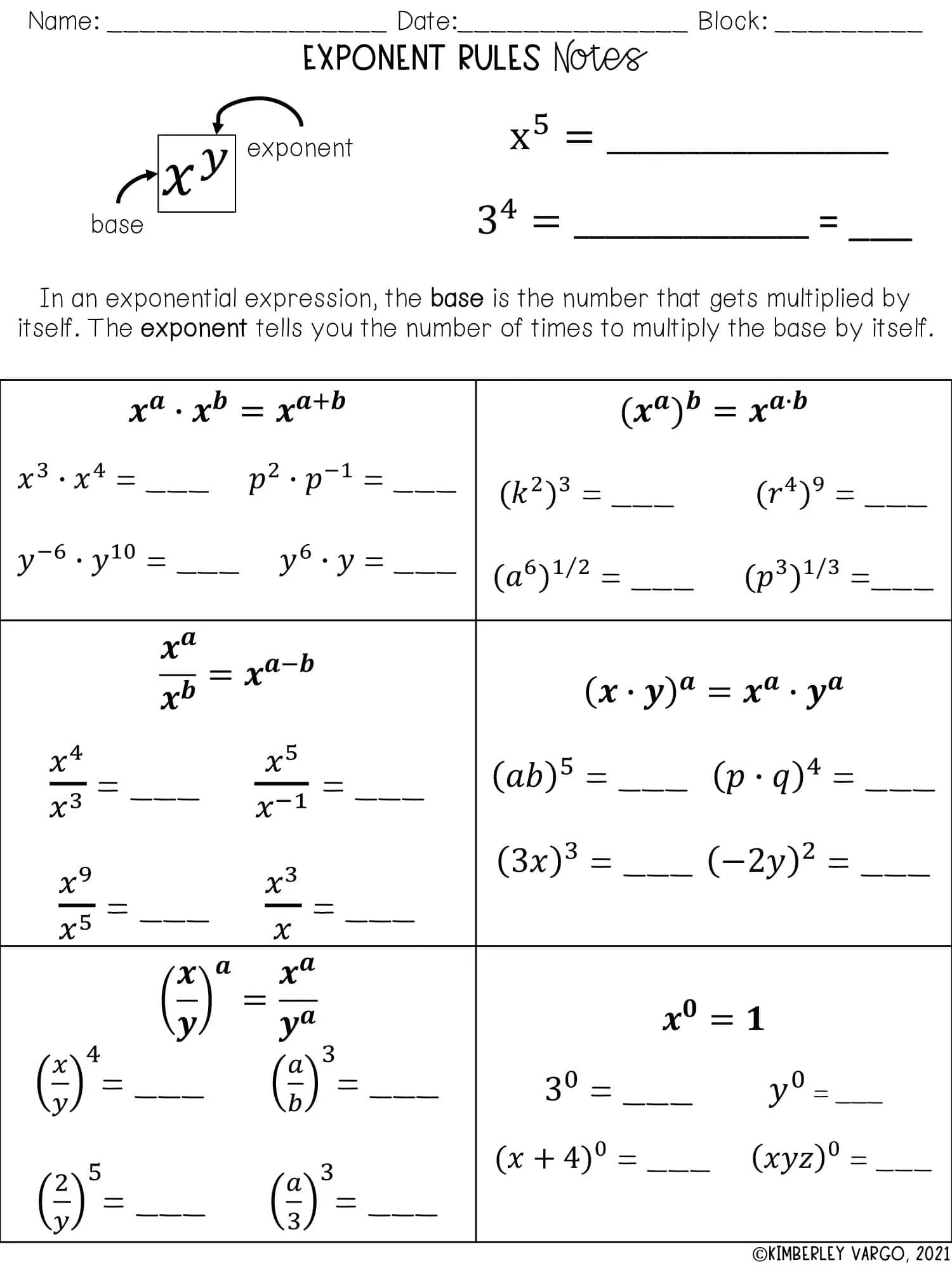 Fifth grade students solving exponent practice problems with base and power notation shown step by step