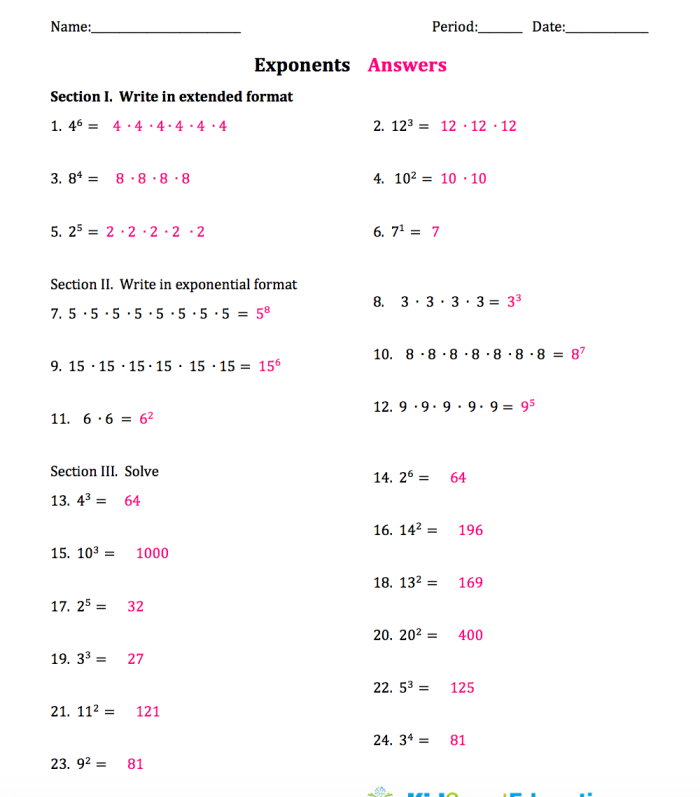 Fifth grade student working through exponent practice problems with base numbers and exponential notation