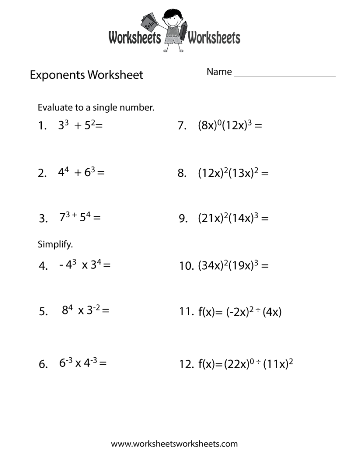 Fifth grade exponent practice worksheet showing introduction to powers and simple exponent exercises for beginners