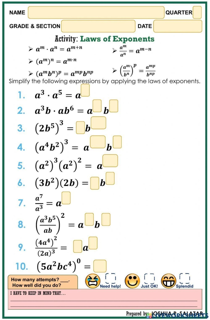 Fifth grade student solving exponent problems with base and power notation on practice worksheet