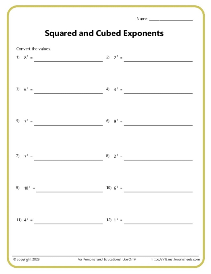 Fifth grade student solving exponent practice problems with base numbers and powers shown as repeated multiplication