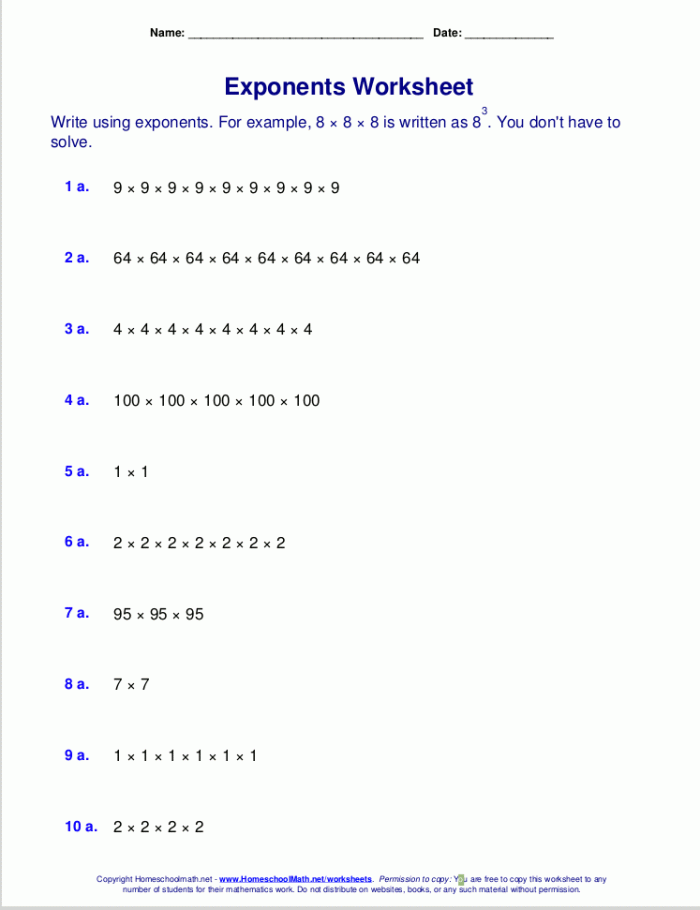 Fifth grade student solving exponent practice problems with base numbers and exponential notation shown step-by-step