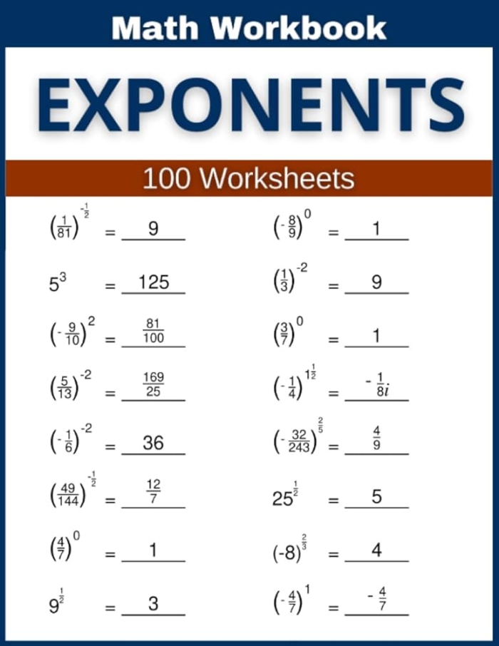 Fifth grade math worksheet showing exponent practice problems with base numbers and exponential notation for addition concepts