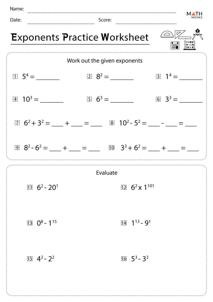 Fifth grade student solving exponent practice problems with base numbers and powers shown as repeated multiplication