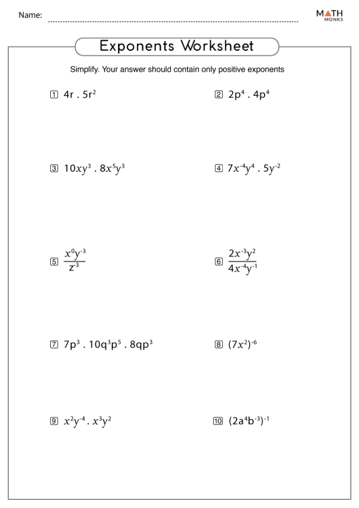 Fifth grade student solving exponent practice problems with base numbers and exponential notation shown step by step