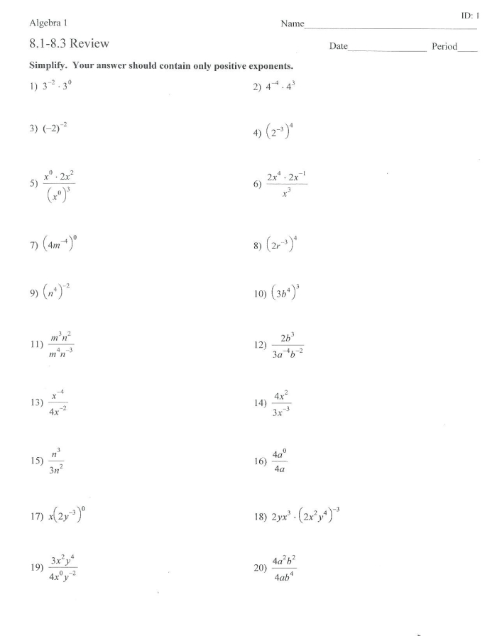 Fifth grade math worksheet showing exponent practice problems with base numbers and exponential notation for addition concepts