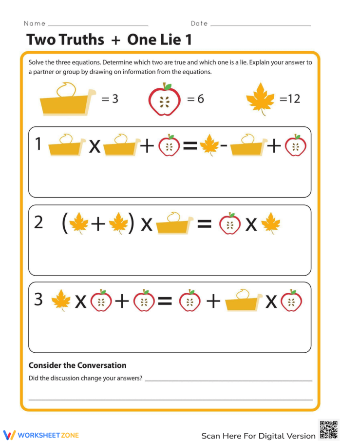 Two Truths and One Lie 1 worksheet focusing on fractions for grade 5 students in autumn style Fifth grade fall-themed worksheet with fractions and three equations for Two Truths and One Lie 1 game