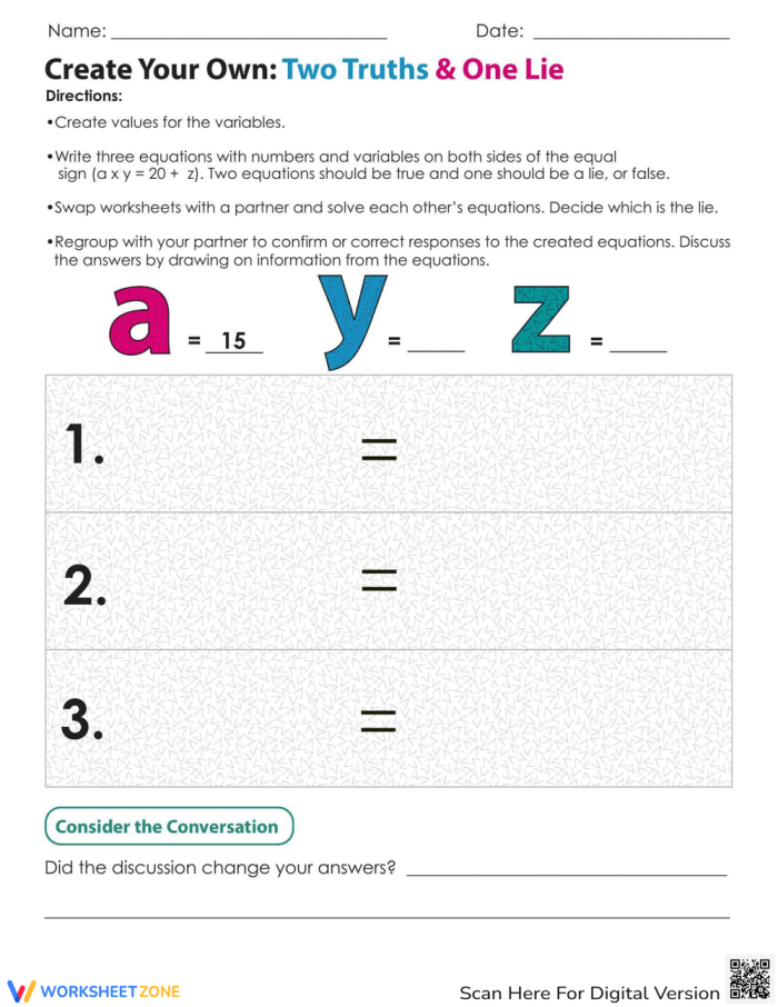 Two Truths and One Lie 1 fractions worksheet for grade 5, image 9 Fifth grade worksheet featuring a fall-themed Two Truths and One Lie 1 activity with fraction equations