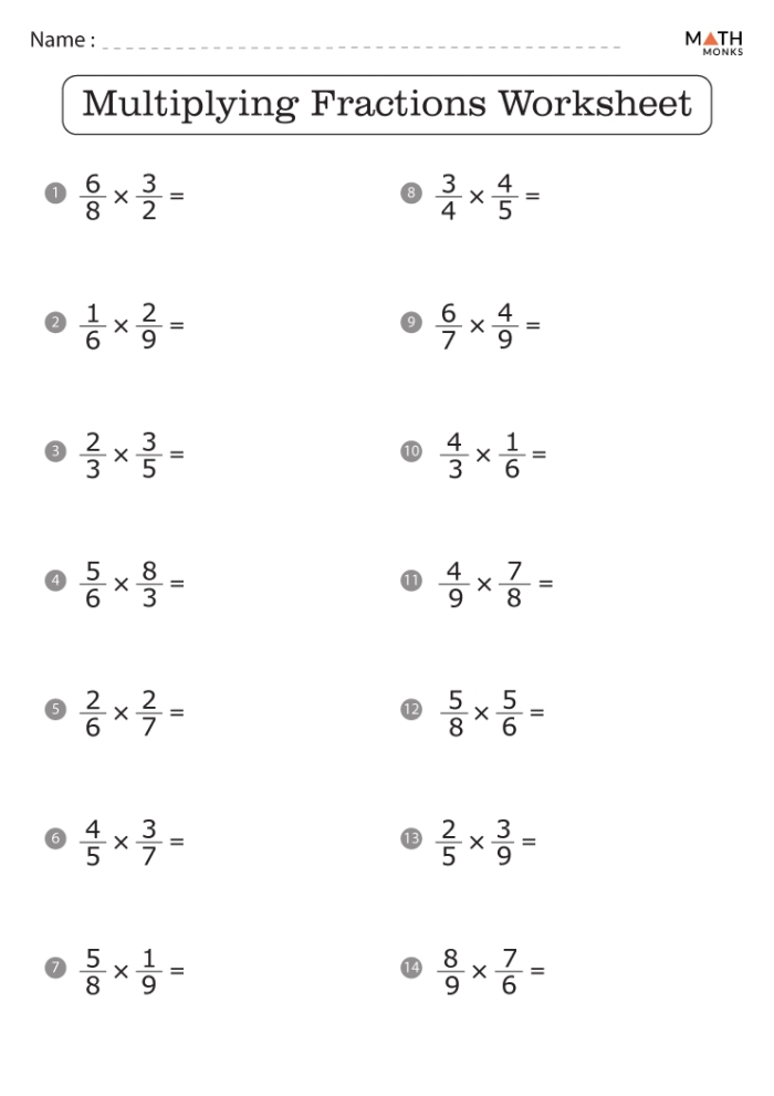 Fifth grade worksheet showing multiplication of fractions with whole numbers for data interpretation