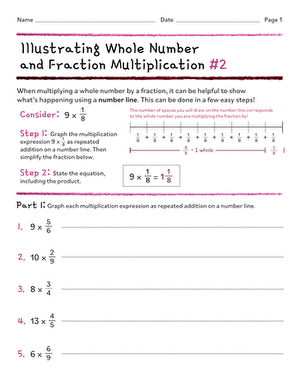 Fifth grade worksheet showing multiplication of fractions to find part of a whole number