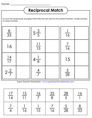 Worksheet featuring Fraction Math: Find the Reciprocal for fifth graders