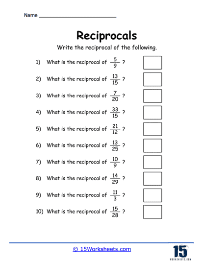 Worksheet for practicing finding the reciprocal of fractions and mixed numbers for fifth graders