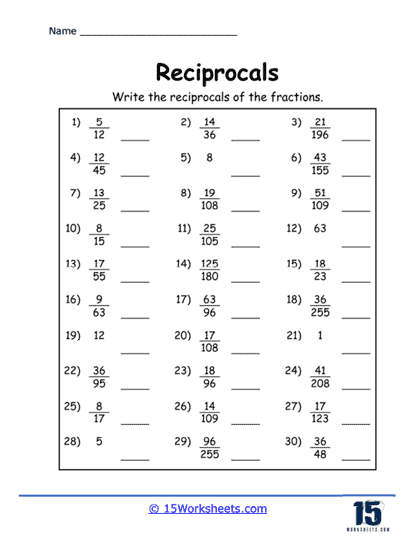 Worksheet image for practicing finding the reciprocal of fractions and mixed numbers