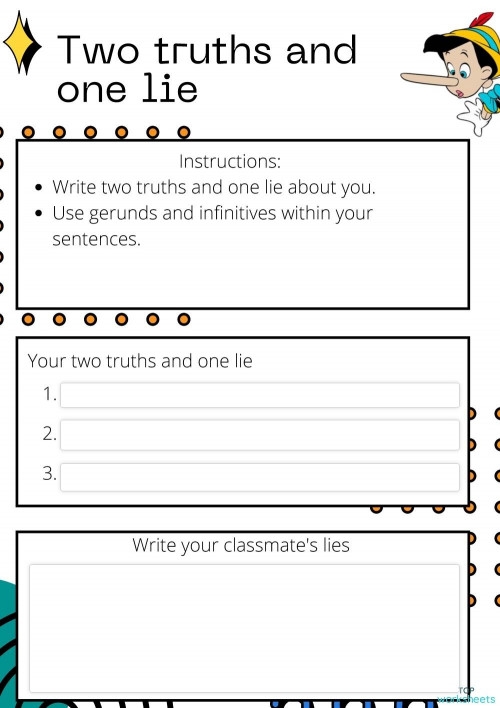 Engaging fractions activity for students in a seasonal Two Truths and One Lie worksheet session Fifth grade fall-themed worksheet with three fraction equations for the game Two Truths and One Lie