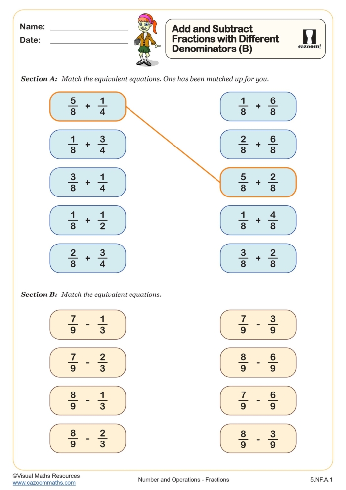 Fifth grade worksheet illustrating step-by-step subtraction of fractions with various denominators