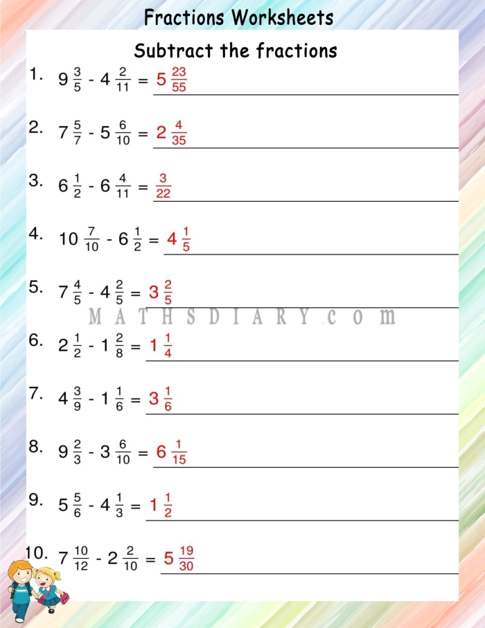 Fifth grade life science worksheet showing detailed steps for subtracting fractions with various denominators