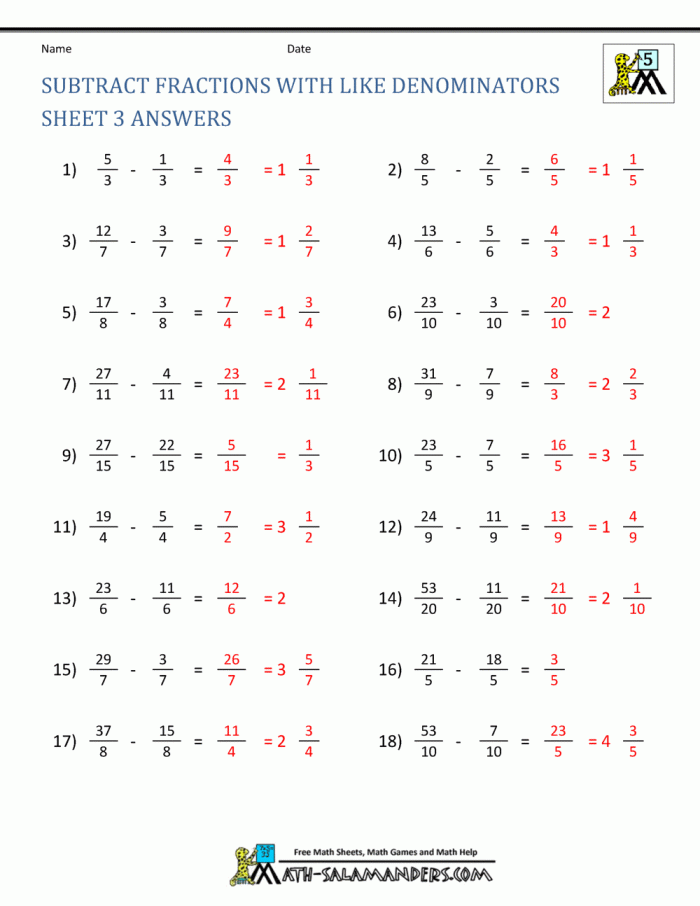 Fifth grade worksheet showing detailed steps for subtracting fractions with different denominators
