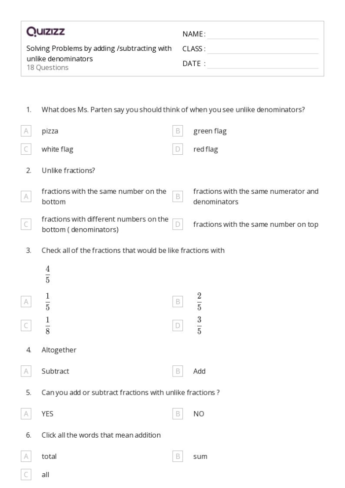Fifth grade worksheet focusing on adding fractions with unlike denominators through word problems