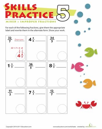 Fifth grade math worksheet focusing on mixed and improper fractions with colorful visuals