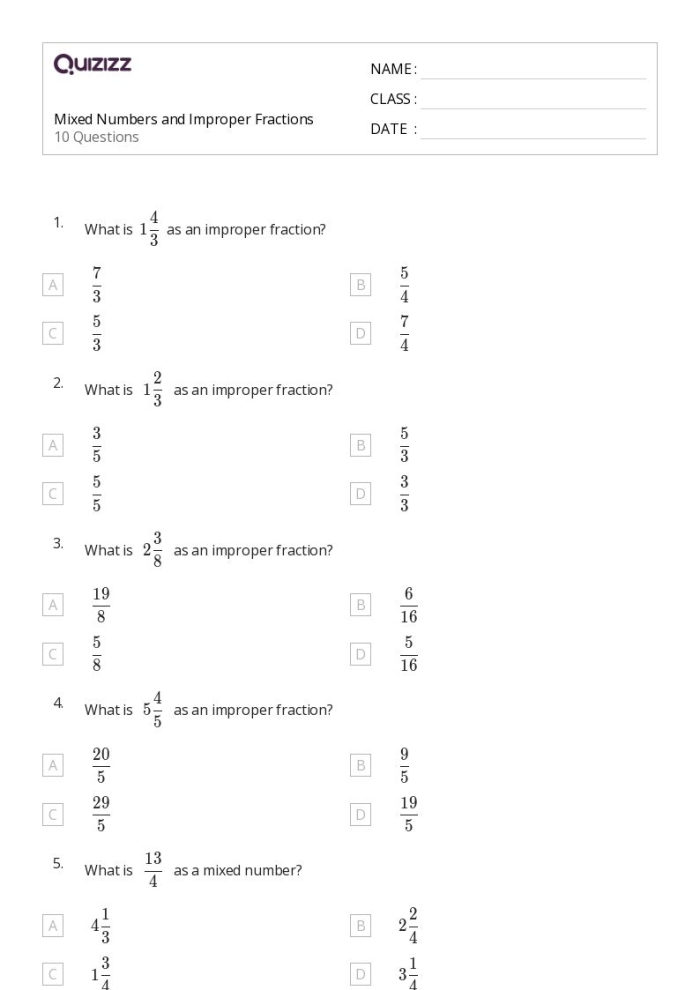 Colorful fifth grade worksheet for practicing mixed and improper fractions