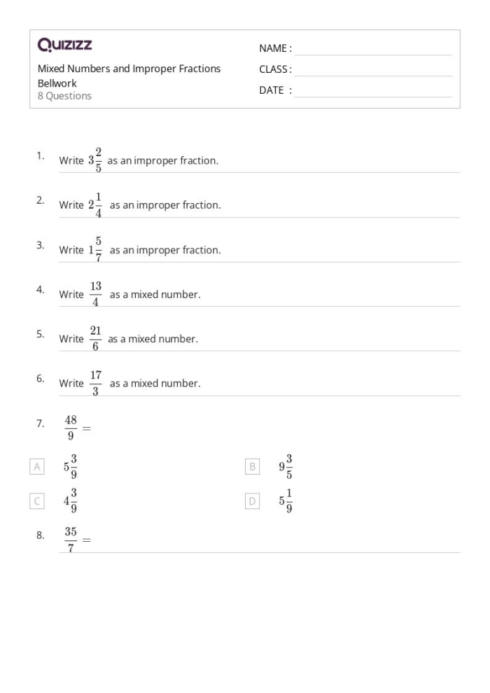 Colorful fifth grade worksheet practicing mixed and improper fractions for math skills