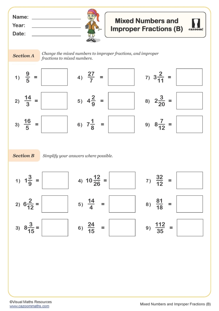 Fifth grade math worksheet featuring mixed and improper fractions for practice