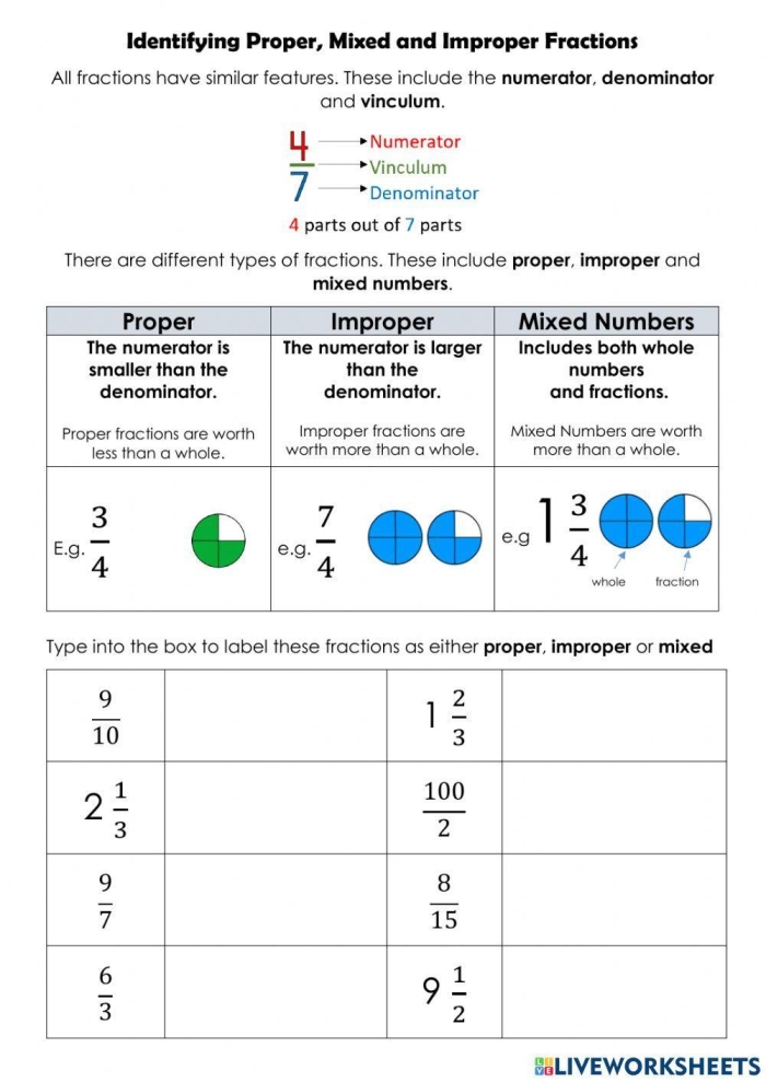 Fifth grade math worksheet for practicing mixed and improper fractions with colorful visuals