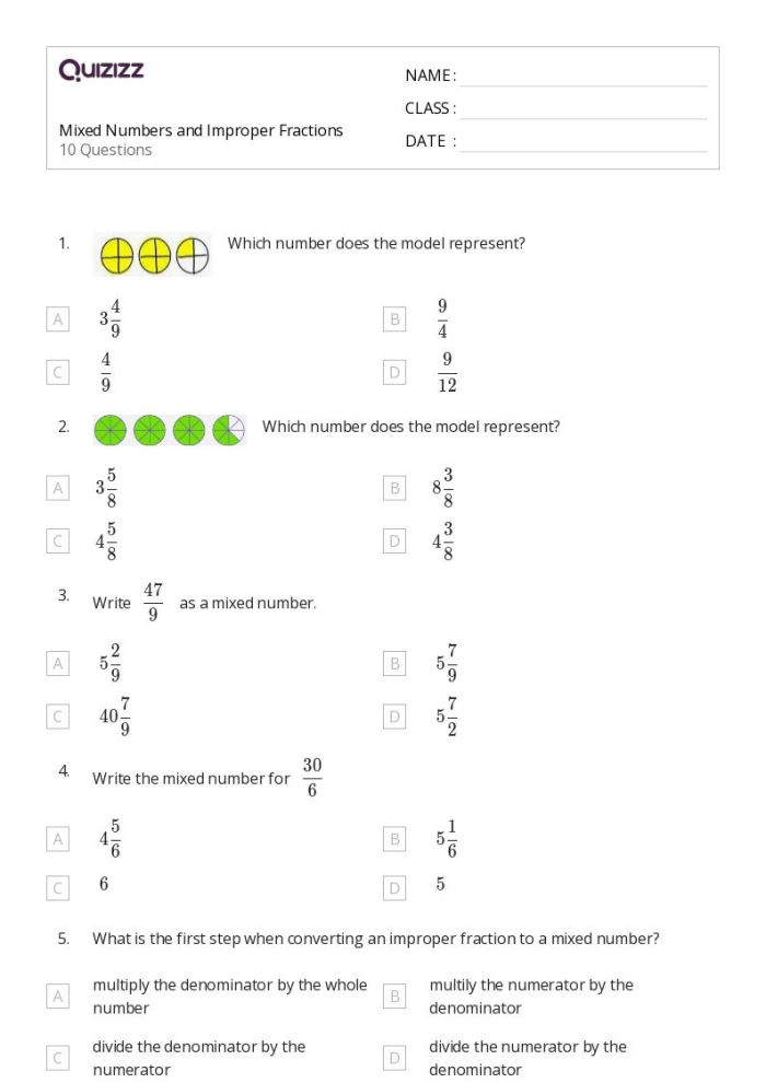 Fifth grade student worksheet practicing mixed and improper fractions with colorful visuals