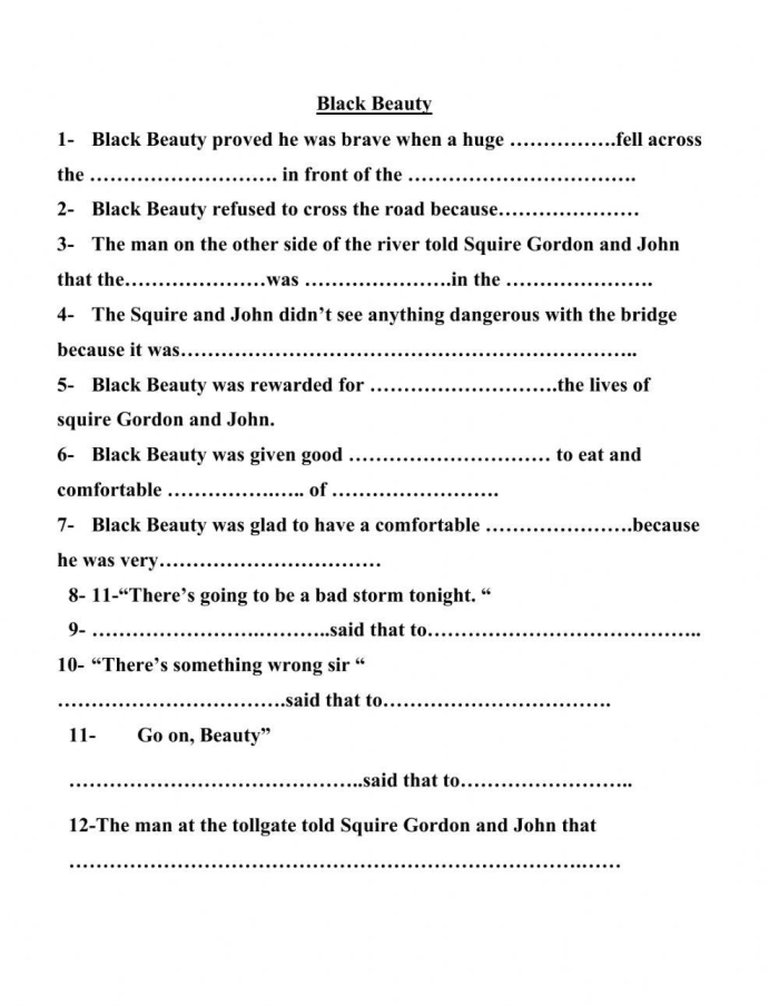 Black Beauty reading comprehension worksheet for fifth graders with fraction exercises, image 4 Fifth grade worksheet on reading comprehension with a Black Beauty passage focused on fractions