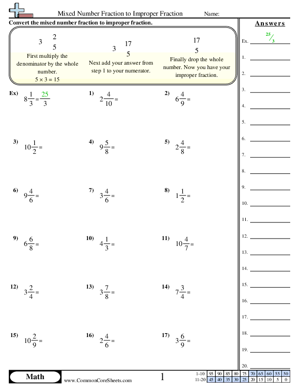 Fifth grade math worksheet focusing on mixed and improper fractions practice with colorful visuals