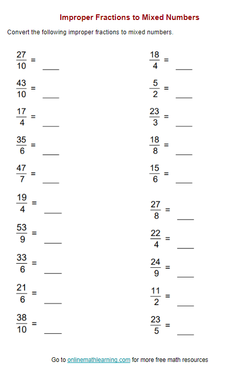 Worksheet featuring colorful exercises on mixed and improper fractions for fifth graders