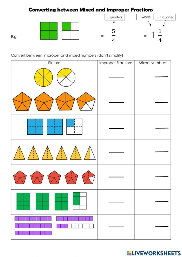 Colorful fifth grade worksheet for practicing mixed and improper fractions