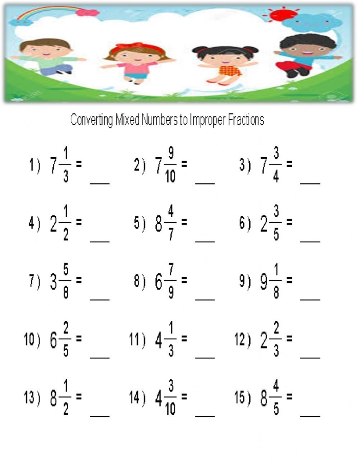 Fifth grade worksheet for practicing mixed and improper fractions with colorful fraction visuals