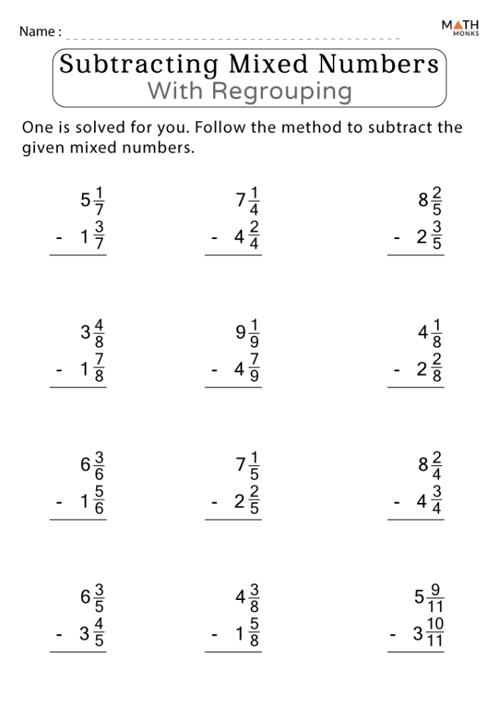 Fifth grade worksheet showing how to subtract fractions with different denominators step-by-step