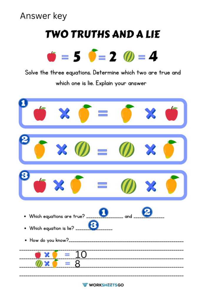 Fall-themed Two Truths and One Lie 1 worksheet featuring fraction equations for grade five students Two Truths and One Lie 1 worksheet for fifth grade fractions with autumn decorations and math problems