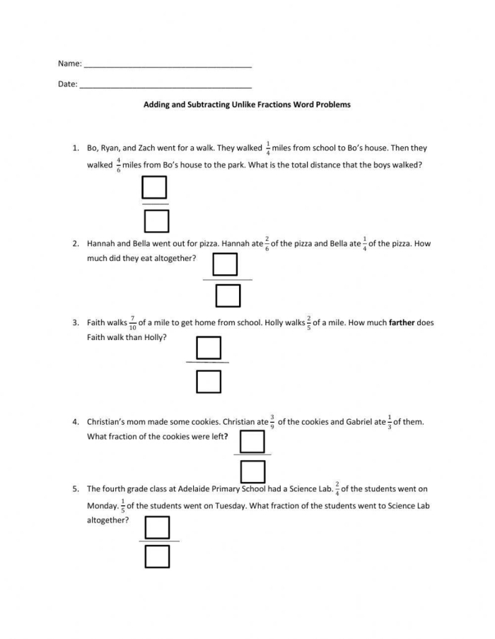 Fifth grade worksheet on adding fractions with unlike denominators featuring word problems