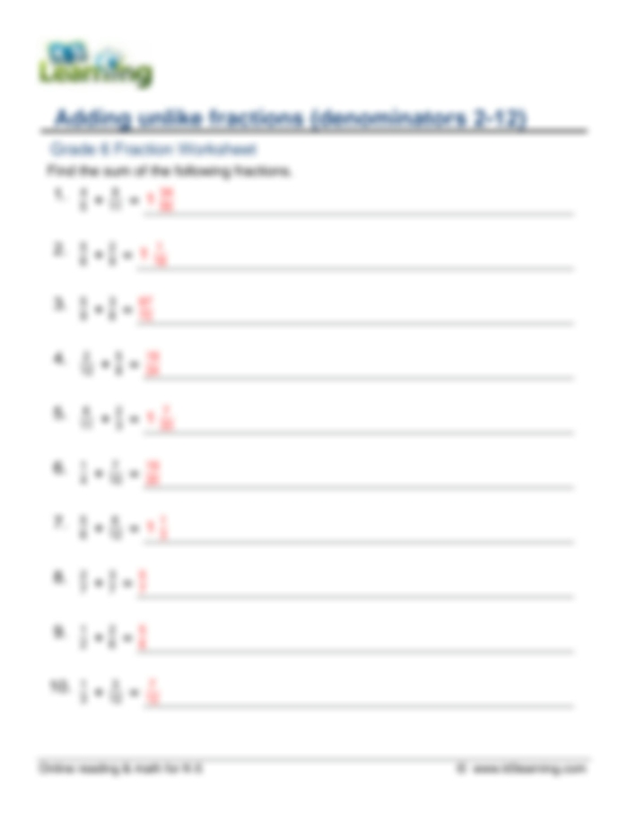 Fifth grade worksheet on adding fractions with unlike denominators featuring word problems