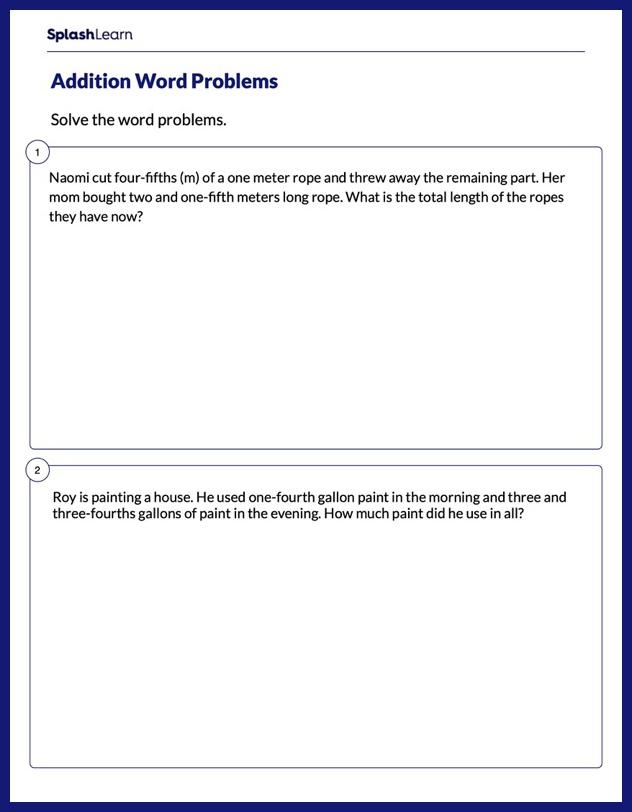 Fifth grade worksheet on adding fractions with unlike denominators featuring word problems