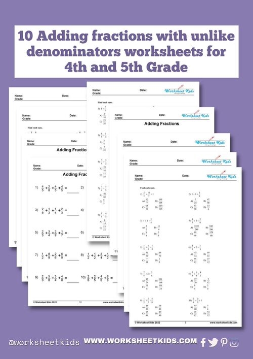 Fifth grade worksheet on adding fractions with unlike denominators featuring word problems