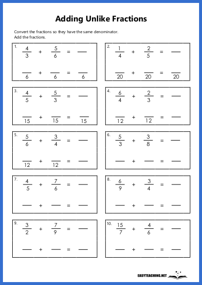 Fifth grade worksheet on adding fractions with unlike denominators for word problems
