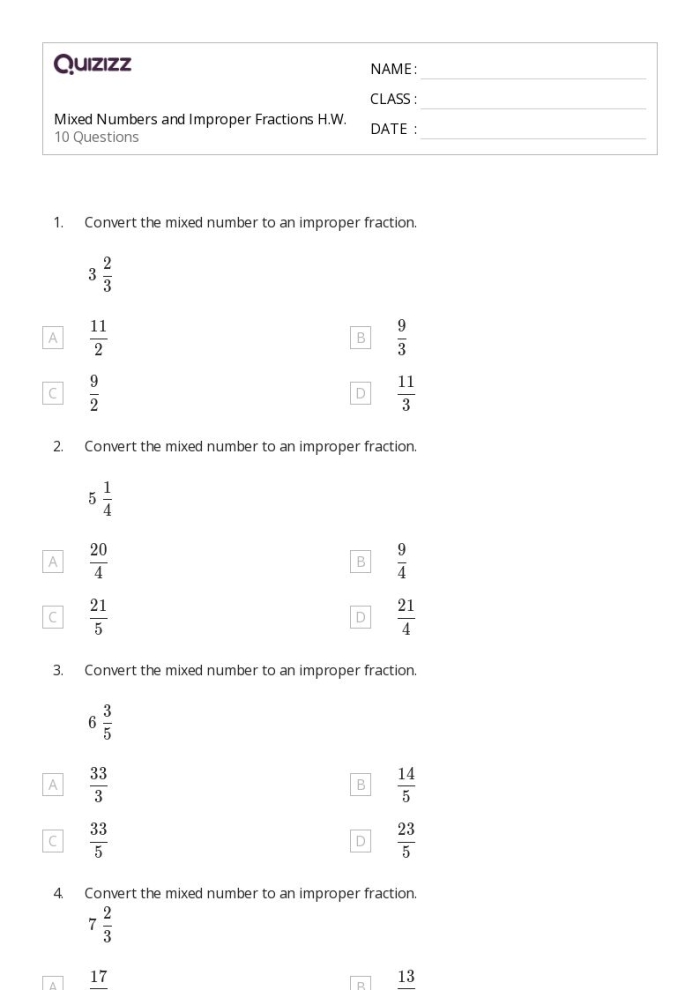 Fifth grade student practicing mixed and improper fractions on a colorful worksheet