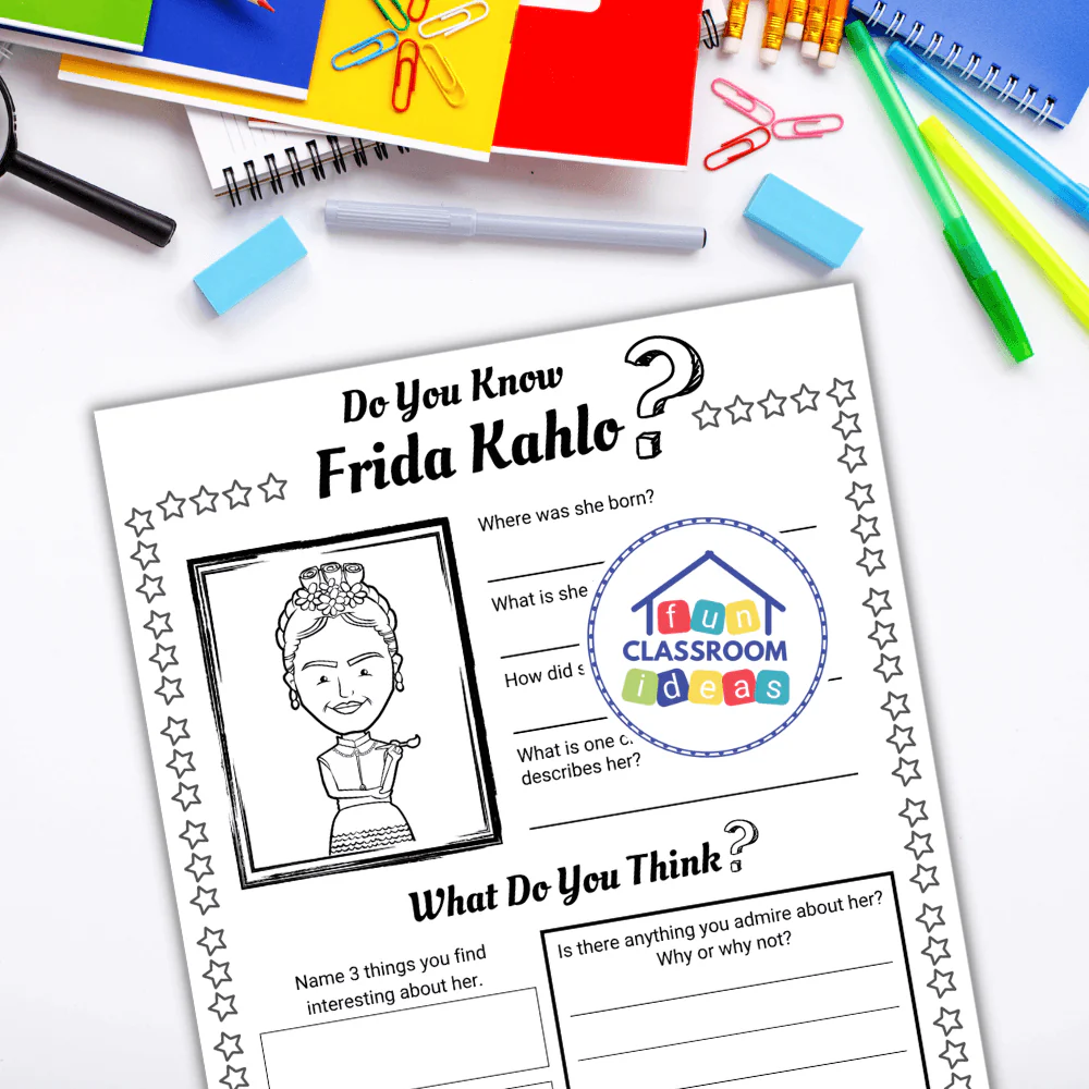 Frida Kahlo biography activity sheet for fifth grade art students number 8 Fifth grade art worksheet featuring a biography of Frida Kahlo for student learning