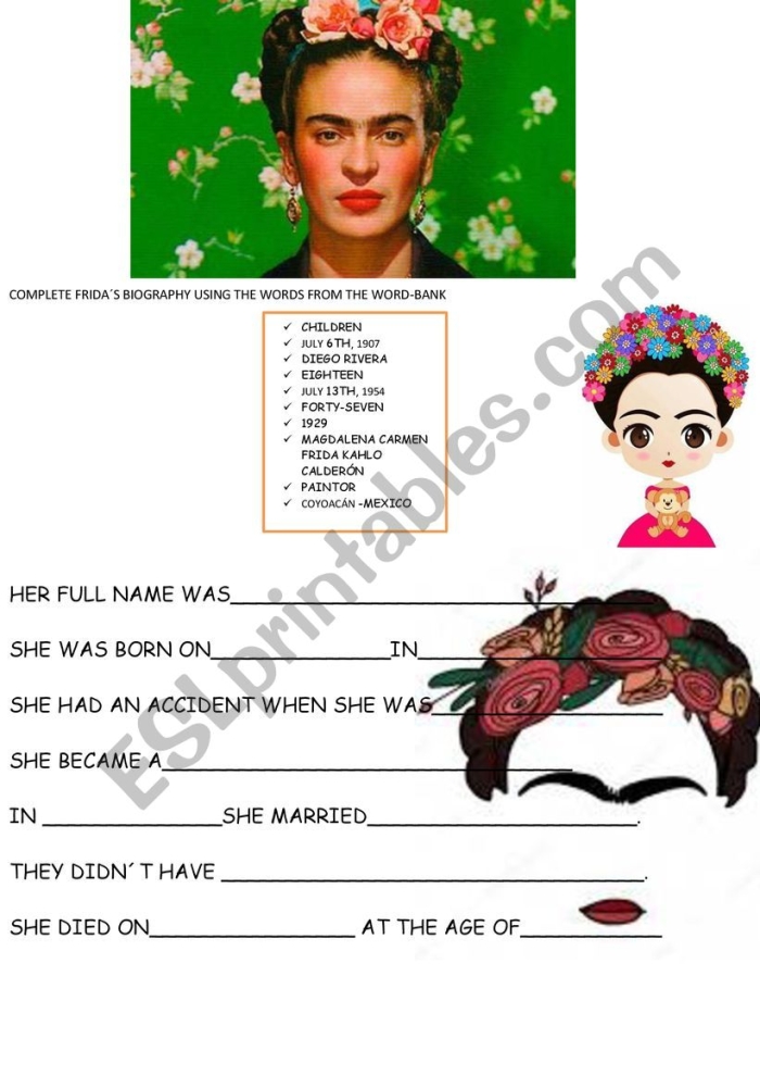 Frida Kahlo biography worksheet for fifth graders learning about famous artists, image 6 Fifth grade art worksheet featuring a biography of Frida Kahlo with colorful illustrations