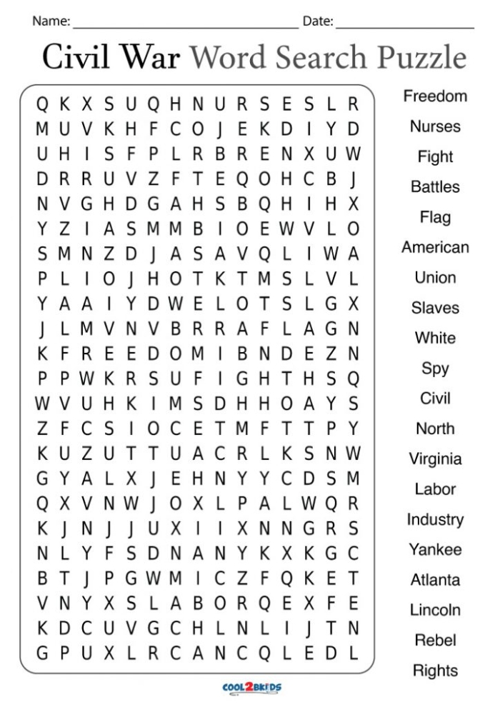Fifth grade Civil War-themed word search focusing on famous military leaders Civil War generals word search puzzle for fifth grade grammar practice