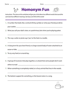 Fifth grade history worksheet featuring homonym clues for fun learning
