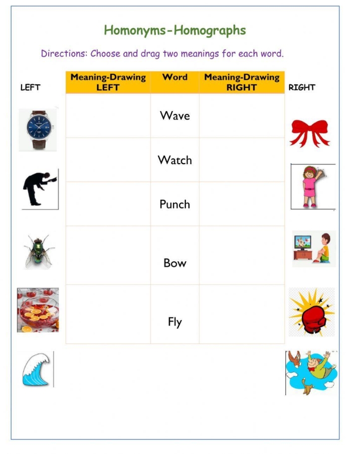 Fifth grade History Homonym Fun worksheet with clues to solve homonyms