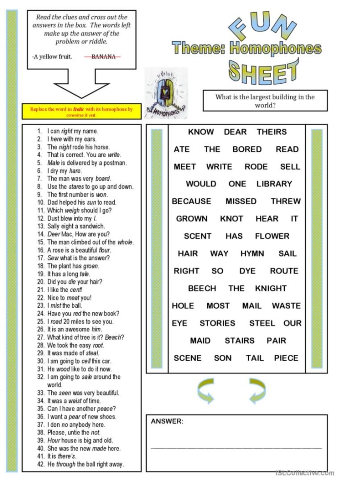 Fifth grade history worksheet focusing on homonyms with fun clues to solve